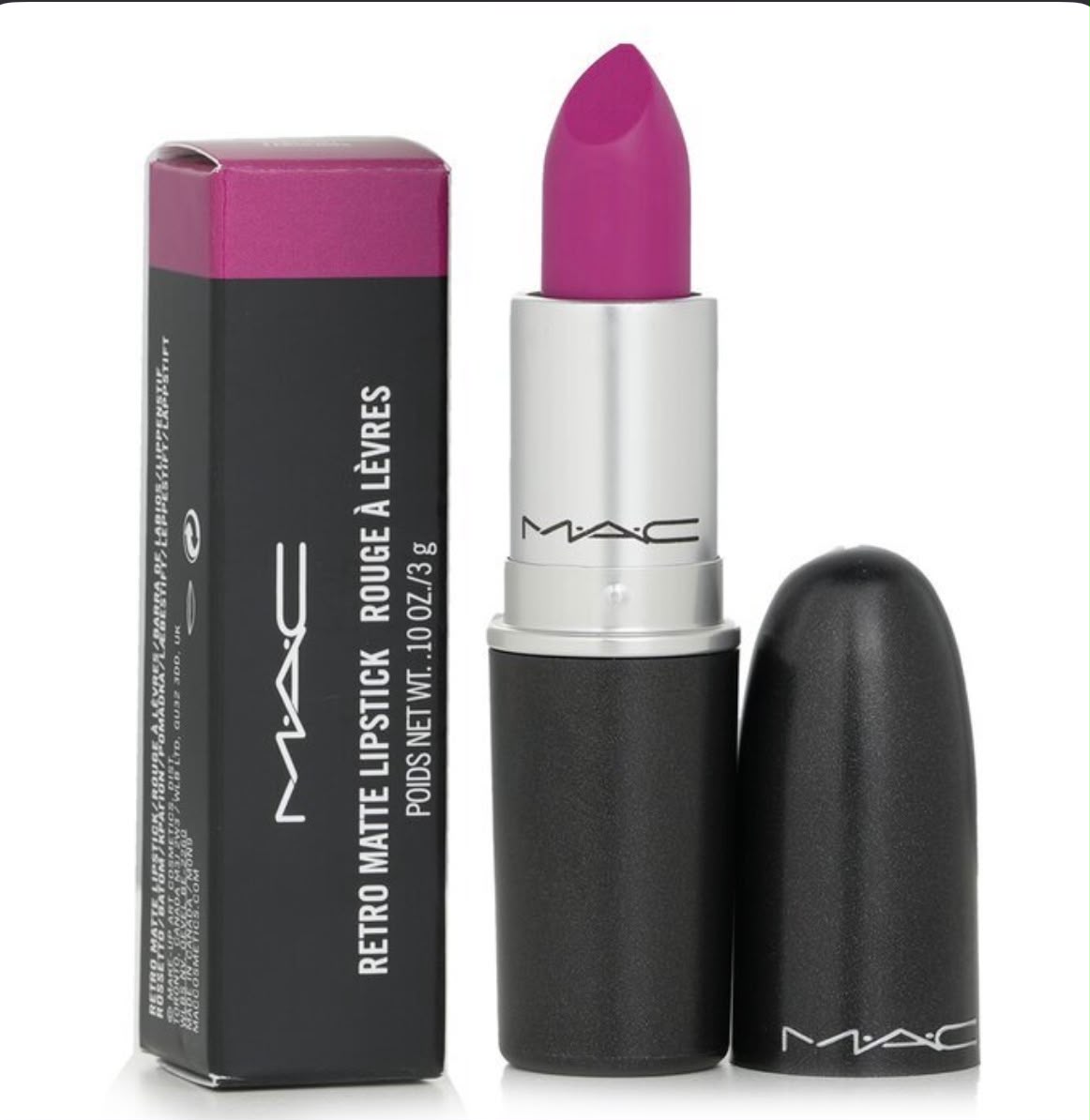MAC Retro Matte lipstick in a bright magenta shade with its box