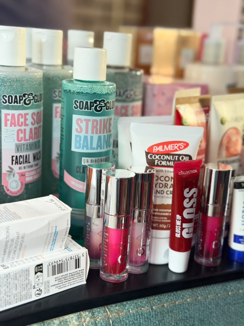 Soap & Glory facial washes and lip glosses on the store counter