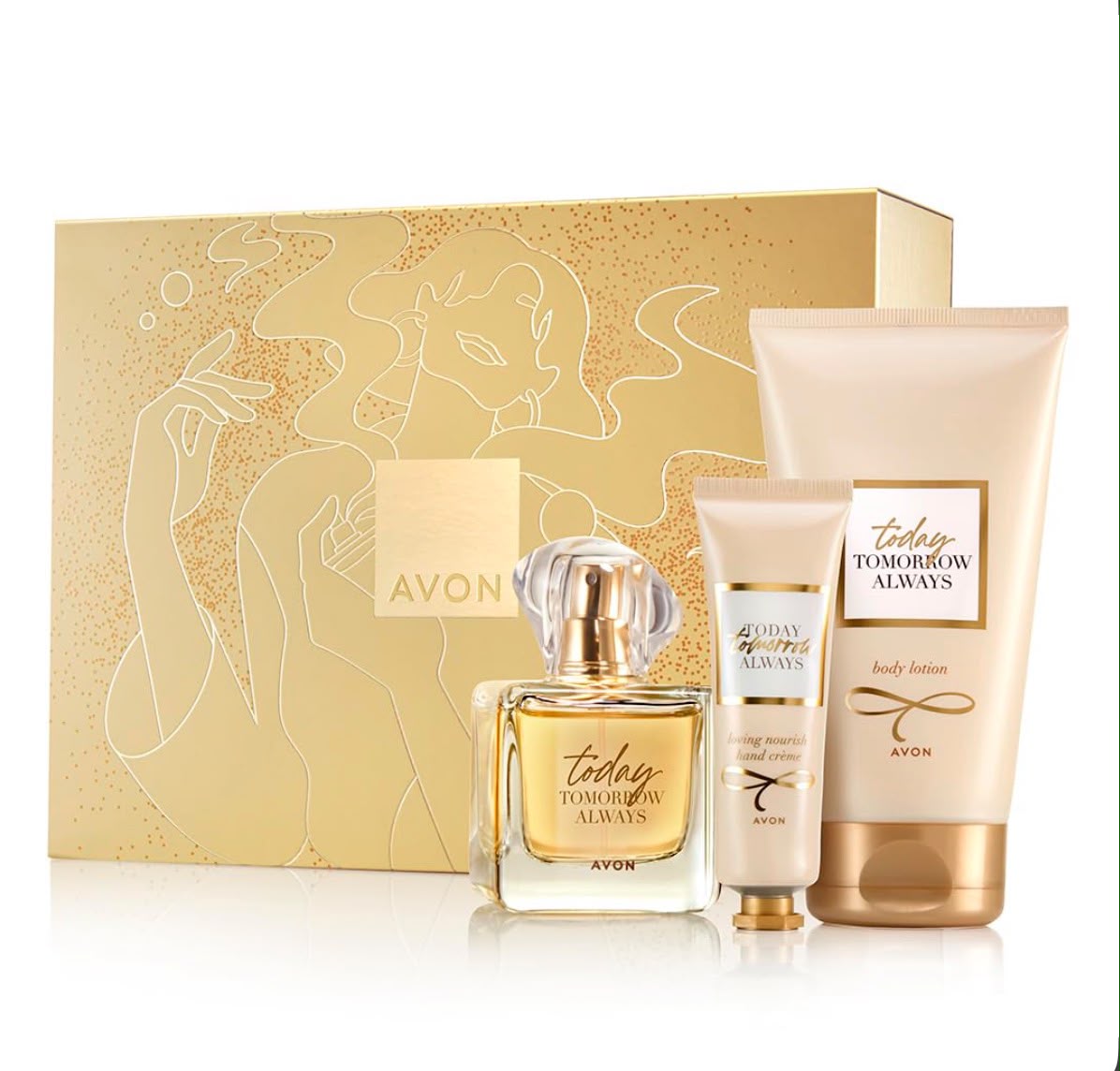 Avon Today Tomorrow Always gift set with eau de parfum, body lotion and hand cream in a gold box