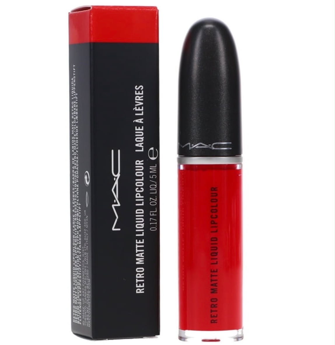 MAC Retro Matte Liquid Lipcolour in red with its black and red box